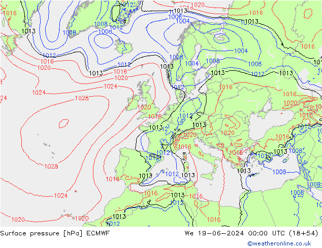Luchtdruk (Grond) ECMWF wo 19.06.2024 00 UTC