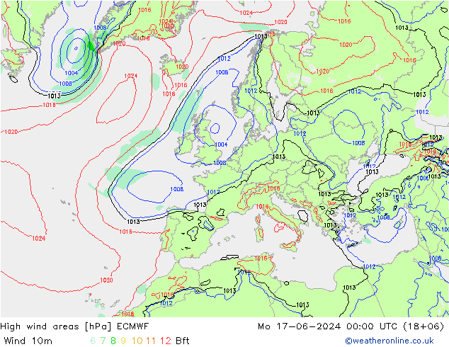 High wind areas ECMWF 星期一 17.06.2024 00 UTC