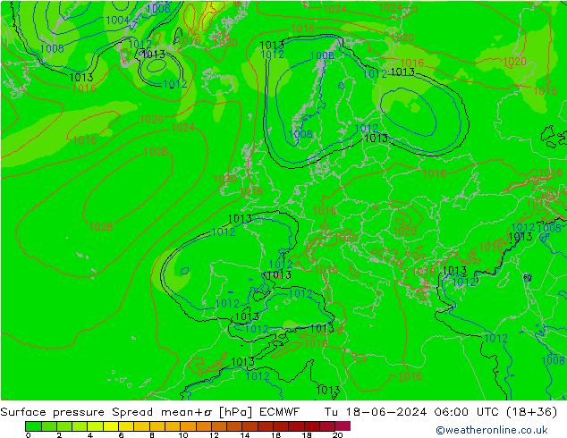 Presión superficial Spread ECMWF mar 18.06.2024 06 UTC