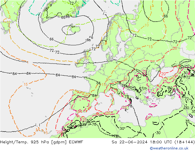 Height/Temp. 925 hPa ECMWF So 22.06.2024 18 UTC