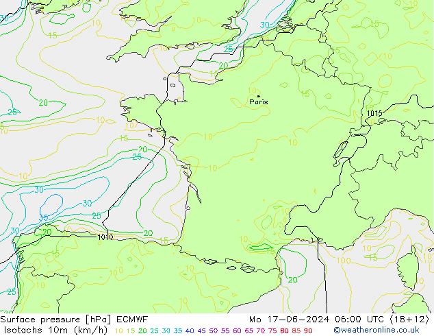 Isotachs (kph) ECMWF Po 17.06.2024 06 UTC