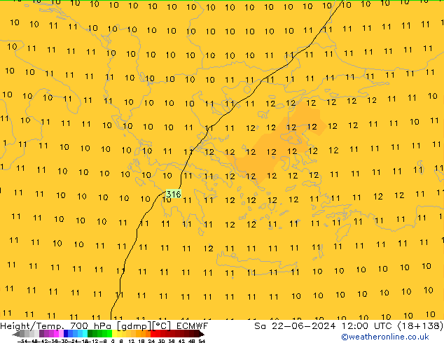 Height/Temp. 700 hPa ECMWF Sa 22.06.2024 12 UTC