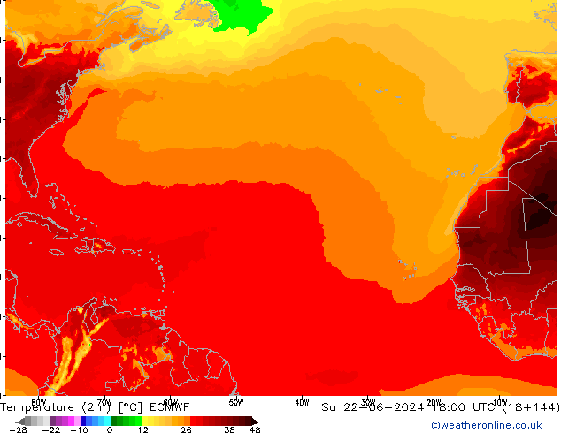 Temperatuurkaart (2m) ECMWF za 22.06.2024 18 UTC