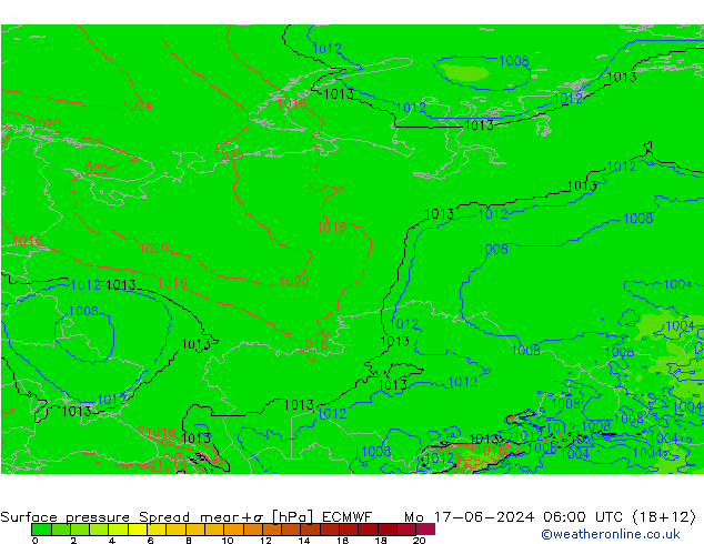Atmosférický tlak Spread ECMWF Po 17.06.2024 06 UTC