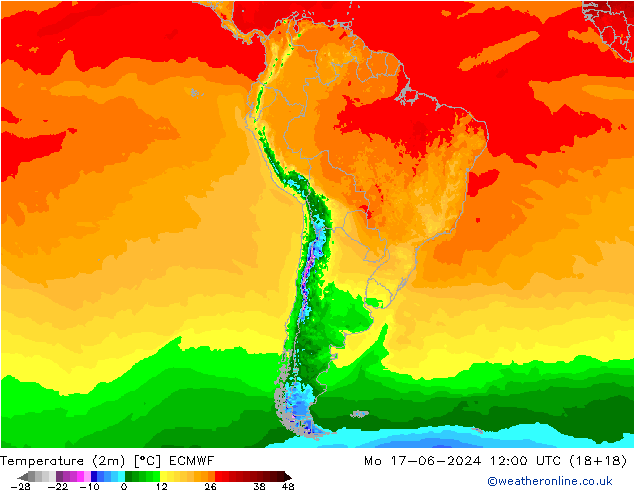mapa temperatury (2m) ECMWF pon. 17.06.2024 12 UTC
