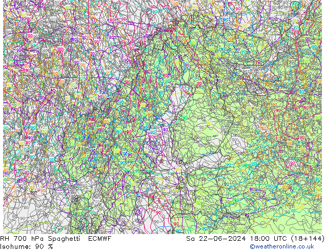 RH 700 hPa Spaghetti ECMWF So 22.06.2024 18 UTC