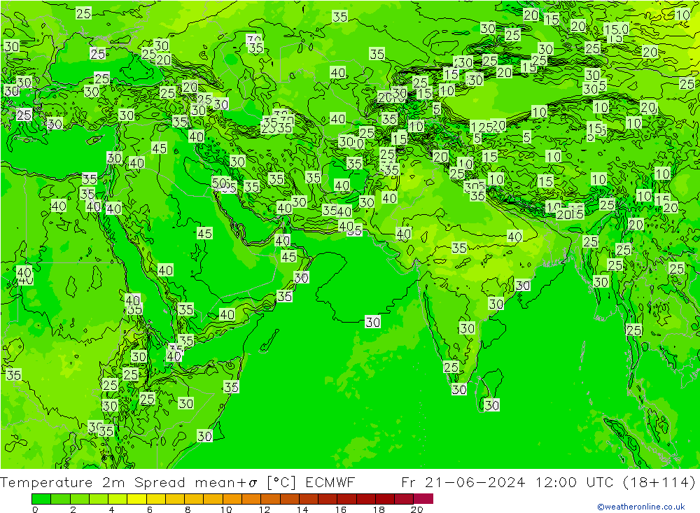 Temperature 2m Spread ECMWF Fr 21.06.2024 12 UTC