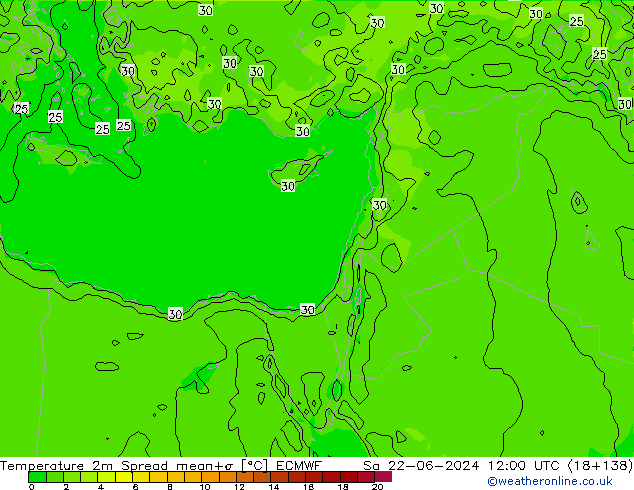 Temperatura 2m Spread ECMWF sáb 22.06.2024 12 UTC