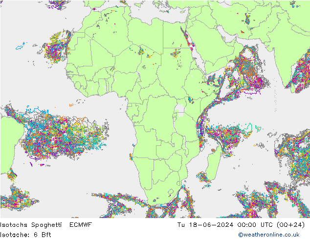 Isotachs Spaghetti ECMWF Út 18.06.2024 00 UTC
