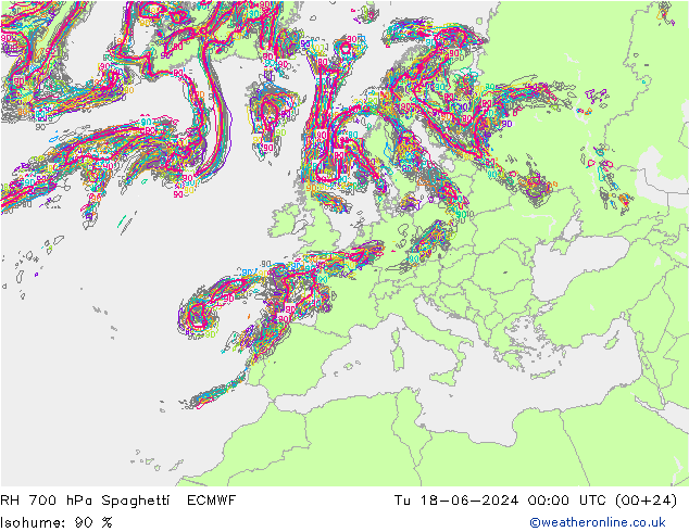 RH 700 hPa Spaghetti ECMWF Út 18.06.2024 00 UTC