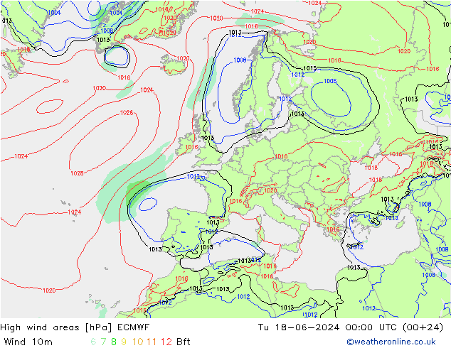 High wind areas ECMWF Út 18.06.2024 00 UTC