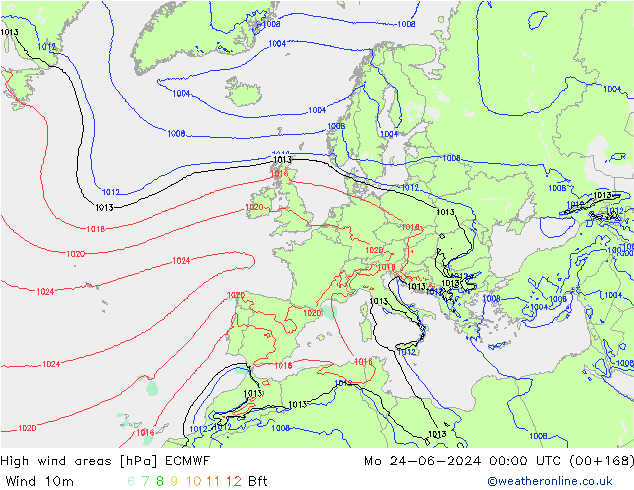 High wind areas ECMWF пн 24.06.2024 00 UTC