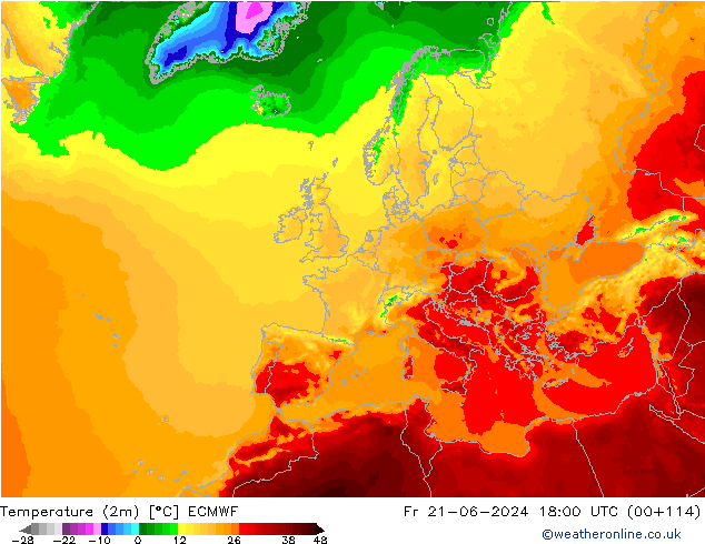 Temperatura (2m) ECMWF vie 21.06.2024 18 UTC