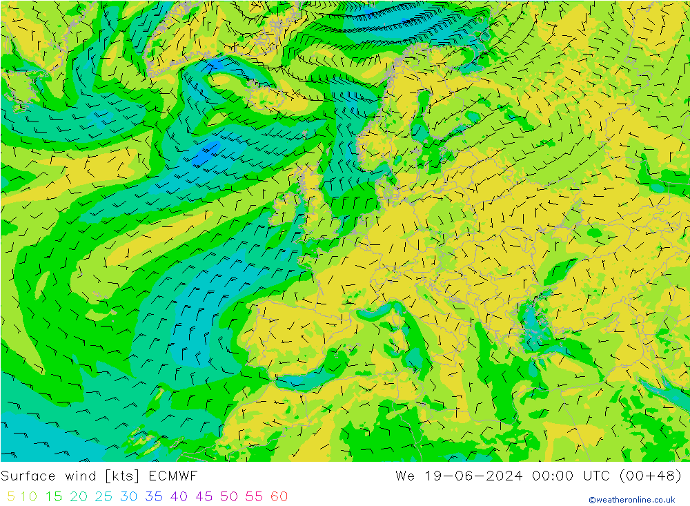 Wind 10 m ECMWF wo 19.06.2024 00 UTC