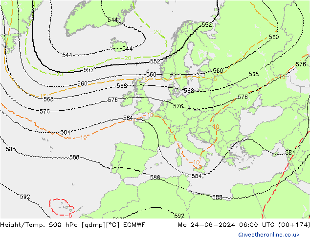 Hoogte/Temp. 500 hPa ECMWF ma 24.06.2024 06 UTC