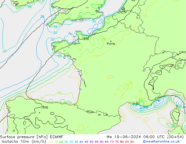 Isotachen (km/h) ECMWF wo 19.06.2024 06 UTC