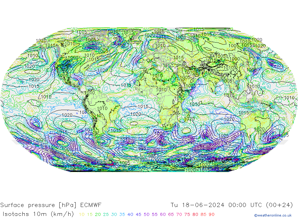 Isotachs (kph) ECMWF Tu 18.06.2024 00 UTC