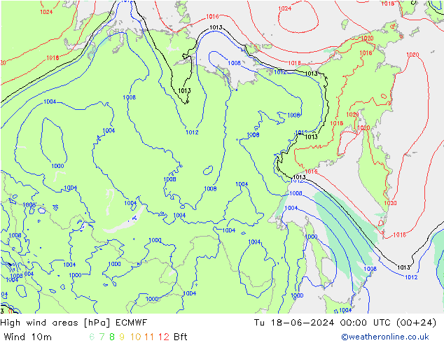 yüksek rüzgarlı alanlar ECMWF Sa 18.06.2024 00 UTC