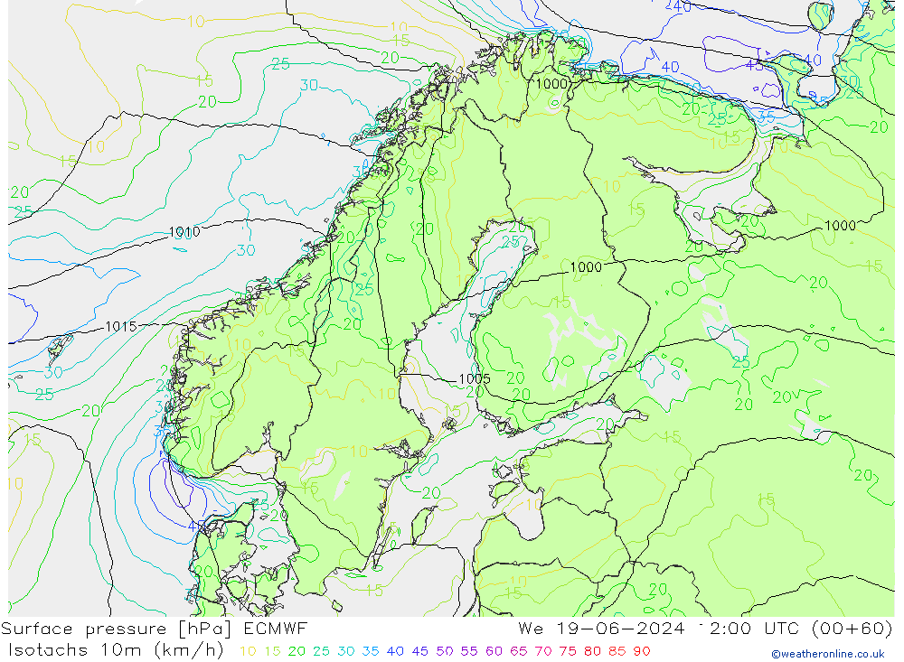 Isotaca (kph) ECMWF mié 19.06.2024 12 UTC