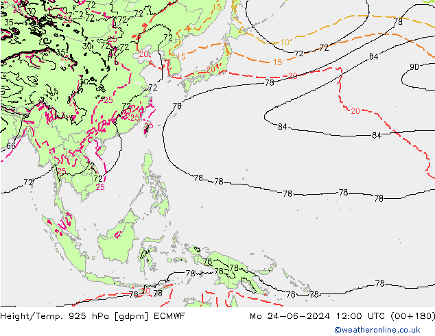 Height/Temp. 925 hPa ECMWF pon. 24.06.2024 12 UTC