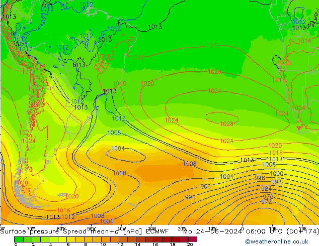 Surface pressure Spread ECMWF Mo 24.06.2024 06 UTC