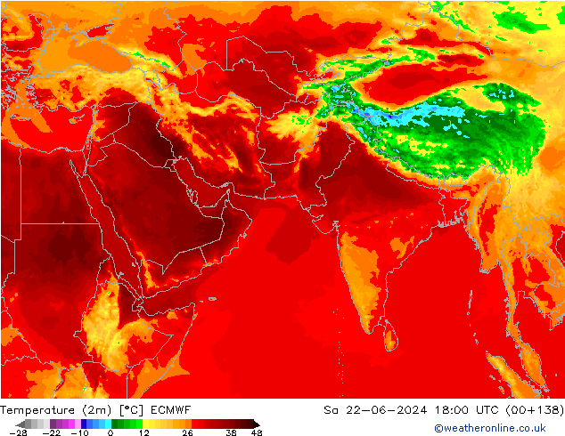 Temperature (2m) ECMWF Sa 22.06.2024 18 UTC