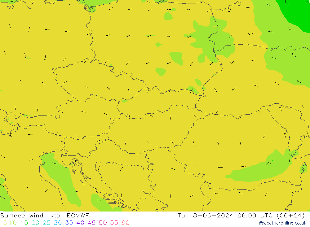 Surface wind ECMWF Út 18.06.2024 06 UTC
