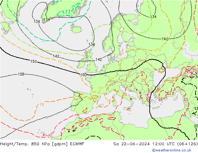 Height/Temp. 850 hPa ECMWF Sa 22.06.2024 12 UTC