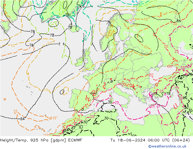 Geop./Temp. 925 hPa ECMWF mar 18.06.2024 06 UTC