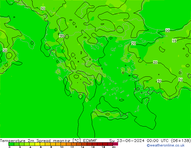 Temperatuurkaart Spread ECMWF zo 23.06.2024 00 UTC