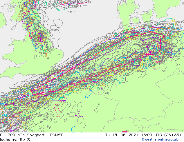 RH 700 hPa Spaghetti ECMWF Tu 18.06.2024 18 UTC