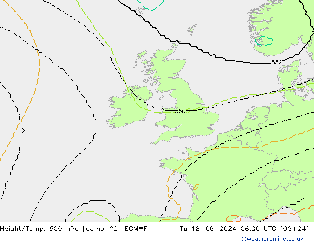 Height/Temp. 500 hPa ECMWF Út 18.06.2024 06 UTC