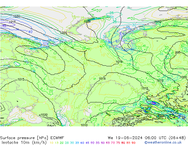 Izotacha (km/godz) ECMWF śro. 19.06.2024 06 UTC