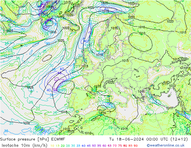 Isotachen (km/h) ECMWF Di 18.06.2024 00 UTC