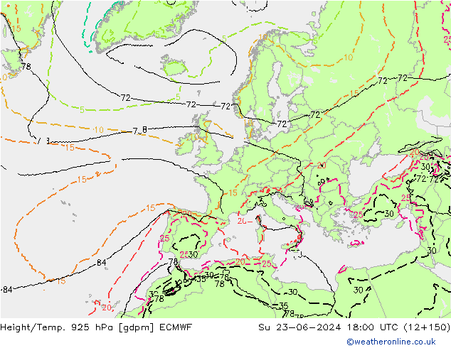 Height/Temp. 925 hPa ECMWF So 23.06.2024 18 UTC