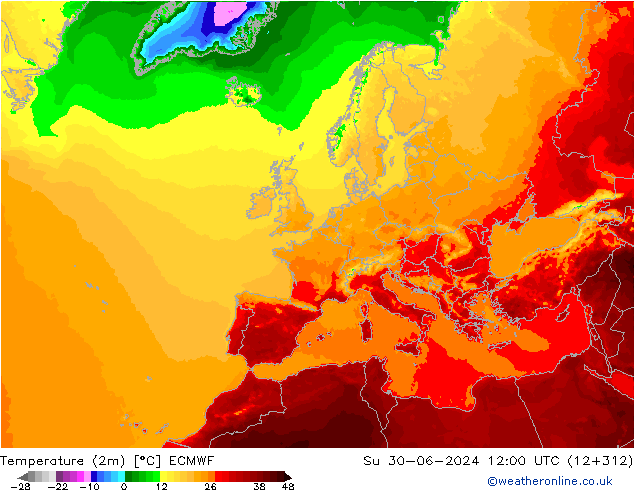 Temperatura (2m) ECMWF Dom 30.06.2024 12 UTC