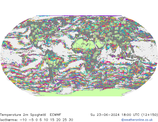 Temperature 2m Spaghetti ECMWF Su 23.06.2024 18 UTC