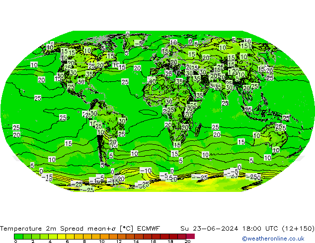 mapa temperatury 2m Spread ECMWF nie. 23.06.2024 18 UTC