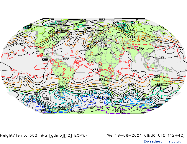 Height/Temp. 500 hPa ECMWF śro. 19.06.2024 06 UTC