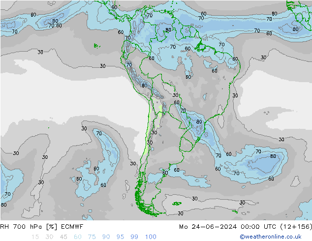 Humedad rel. 700hPa ECMWF lun 24.06.2024 00 UTC