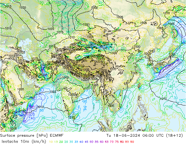 Eşrüzgar Hızları (km/sa) ECMWF Sa 18.06.2024 06 UTC