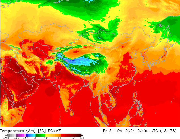 Temperature (2m) ECMWF Fr 21.06.2024 00 UTC