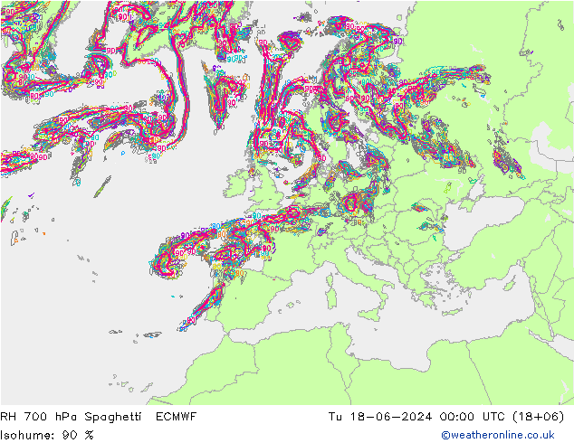 RH 700 hPa Spaghetti ECMWF mar 18.06.2024 00 UTC