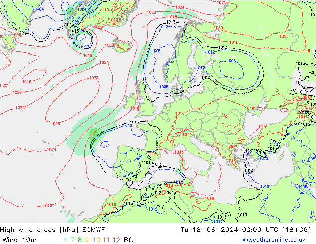 High wind areas ECMWF вт 18.06.2024 00 UTC