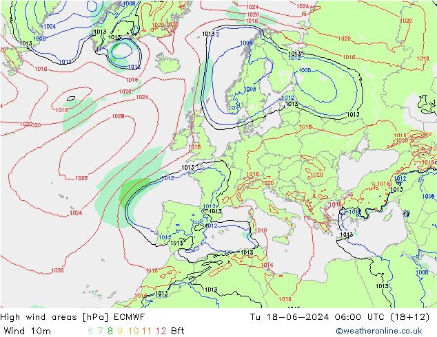 yüksek rüzgarlı alanlar ECMWF Sa 18.06.2024 06 UTC