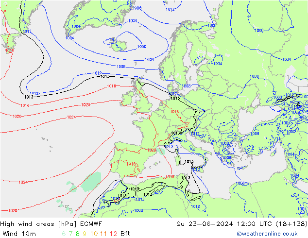 High wind areas ECMWF Su 23.06.2024 12 UTC