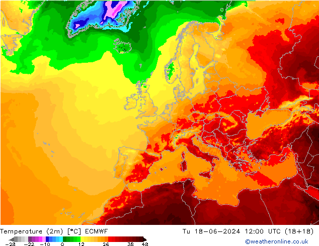 Sıcaklık Haritası (2m) ECMWF Sa 18.06.2024 12 UTC
