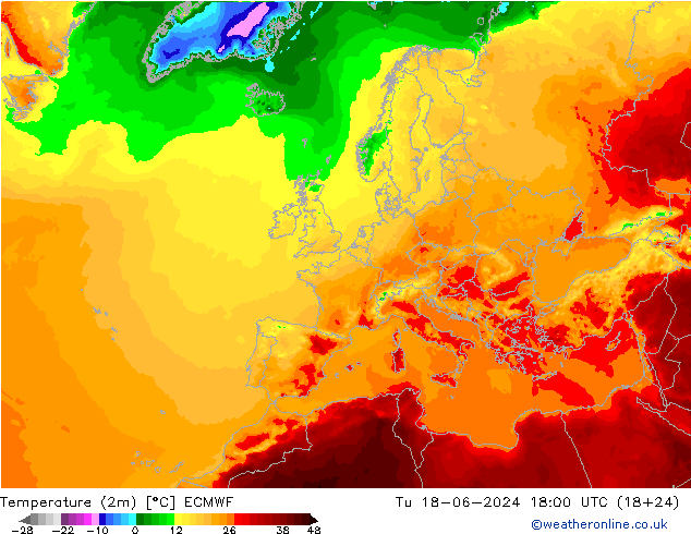 Temperatura (2m) ECMWF Ter 18.06.2024 18 UTC