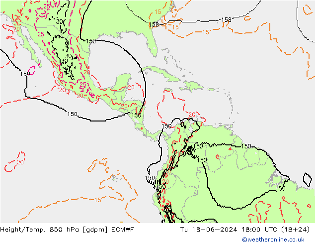 Height/Temp. 850 гПа ECMWF вт 18.06.2024 18 UTC
