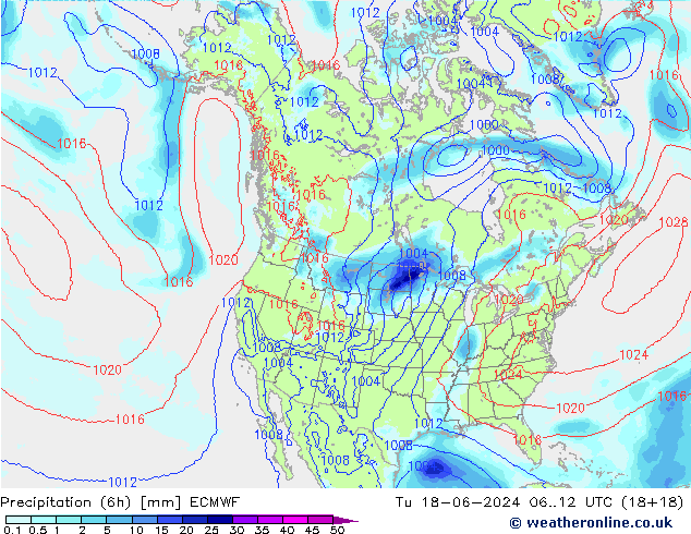 Precipitation (6h) ECMWF Tu 18.06.2024 12 UTC